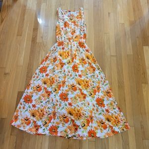 Vintage orange white floral sleeveless a-line maxi dress Holiday Lady small